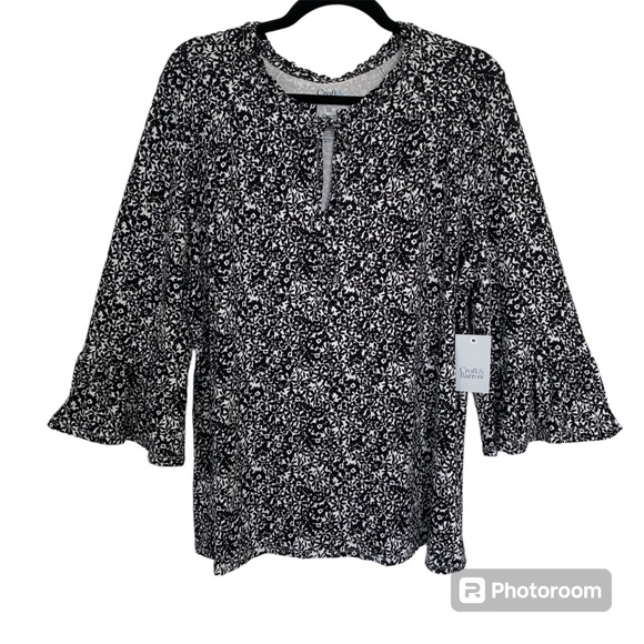 CROFT &‎ BARROW NWT! Women’s Blk/White Floral Blouse Scoop/V/Tie Bell Sleeve XXL - Picture 1 of 7